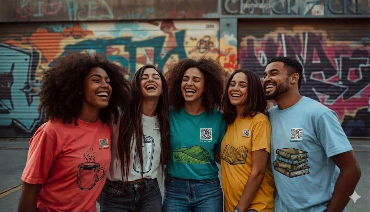 Five friends smiling and posing together in front of a graffiti-covered wall with funny tshirts with a QR code. 